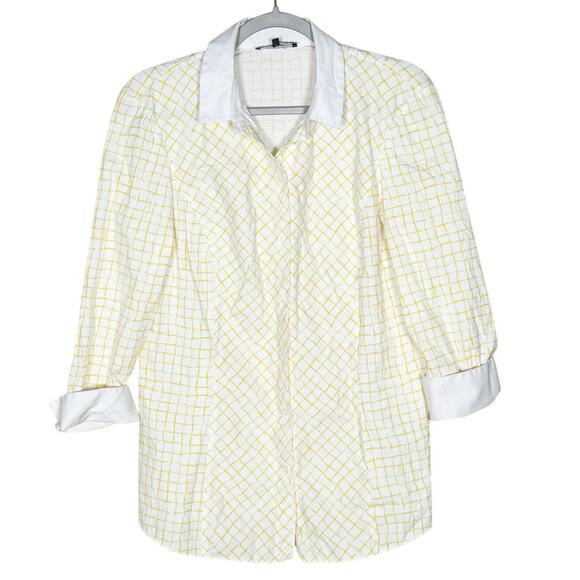 Lafayette 148 New York Long Sleeve Button Down Shirt Check Print Yellow Size 10 - Picture 1 of 5